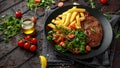 Grilled sirloin steak with potato fries and vegetables, tomato salad in a black plate. rustic table Royalty Free Stock Photo