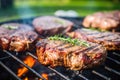 Grilled sirloin steak with rosemary on a flaming BBQ grill in summer nature Royalty Free Stock Photo