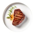 Grilled Sirloin Steak On White Plate, On White Background