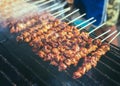 Grilled skewer chicken meat with charcoal flame