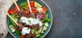 Grilled skewer meat beef kebabs on sticks served with fresh vegetables salad on plate on rustic concrete background from Royalty Free Stock Photo