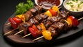 Grilled skewer meat, tomato, beef, onion, vegetable, barbecue, freshness generated by AI