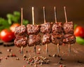 Grilled Skewered Beef Cubes with Herbs and Spices on Rustic Background Appetizing Barbecue