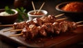 Grilled skewered meat, gourmet satay, savory sauce, healthy appetizer generated by AI