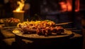 Grilled skewers of meat on fire, a delicious barbecue feast generated by AI