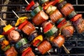 Grilled skewers of meat, sausages and various vegetables on a grill plate, outdoors, top view. Royalty Free Stock Photo