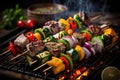 Grilled Skewers Vegetables on Fire. AI