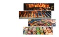 Grilled skewers with vegetables and meat in a herb marinade on a Collage of various meat products Royalty Free Stock Photo