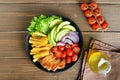 Grilled sliced pork steak, french fries and fresh vegetables on plate Royalty Free Stock Photo