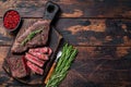 Grilled sliced skirt beef meat steak on a cutting board with herbs. Dark wooden background. Top view. Copy space Royalty Free Stock Photo