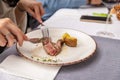 Grilled sliced steak with baked potatoes