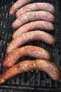 Grilled smoked sausages outdoors. Meat baked on the grill bbq. Meat delicacies. Sausages homemade sausages on the grill. Street fo Royalty Free Stock Photo