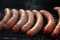 Grilled smoked sausages outdoors. Meat baked on the grill bbq. Meat delicacies. Sausages homemade sausages on the grill. Street fo Royalty Free Stock Photo