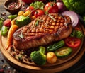 A grilled smoking sirloin steak perfect cook in wood dish, potatoes veggies, rustic table setting Royalty Free Stock Photo