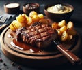 A grilled smoking sirloin steak perfect cook in wood dish, potatoes veggies, rustic table setting Royalty Free Stock Photo