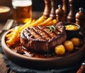 A grilled smoking sirloin steak perfect cook in wood dish, potatoes veggies, rustic table setting Royalty Free Stock Photo