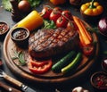 A grilled smoking sirloin steak perfect cook in wood dish, potatoes veggies, rustic table setting Royalty Free Stock Photo