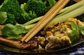 Grilled and spiced pork tenderloin, scrambled eggs, broccoli and celery Royalty Free Stock Photo