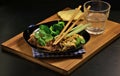 Grilled and spiced pork tenderloin, scrambled eggs, broccoli and celery Royalty Free Stock Photo