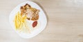 Grilled Spicy Chicken Steak and vegetable ketchup in dish on wood table Royalty Free Stock Photo