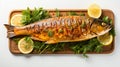 grilled spicy fish isolated on white background, top view. Generative AI