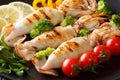 Grilled squid with fresh vegetables close-up on a plate. horizon Royalty Free Stock Photo