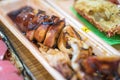 Grilled Squid, and others sushi; salmon, otoro, eel, grilled shrimp, crab are arranged on the table ready to eat Royalty Free Stock Photo