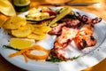 Grilled squid with potato chips, vegetables on a white plate Royalty Free Stock Photo