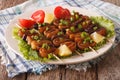 Grilled squid rings on skewers and vegetables close-up. horizontal Royalty Free Stock Photo