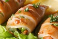 Grilled squid stuffed with vegetables on salad macro. Horizontal Royalty Free Stock Photo