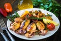 Grilled squids with asparagus and potatoes