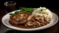 Grilled steak and asparagus with mashed potatoes and savory sauce generated by AI Royalty Free Stock Photo