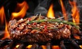 Grilled steak on barbecue grill. Closeup view. Outside BBQ party