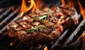 Grilled steak on barbecue grill. Closeup view. Outside BBQ party