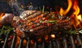 Grilled steak on barbecue grill. Closeup view. Outside BBQ party