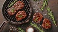 Grilled steak on a cast iron pan, seasoned with salt and rosemary. Perfect for recipe blogs and cookbooks. Delicious BBQ Royalty Free Stock Photo