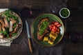 Grilled steak with chimichurri sauce and red wine Royalty Free Stock Photo