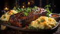 Grilled steak, cooked to perfection, ready to eat on rustic plate generated by AI Royalty Free Stock Photo