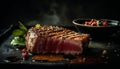 Grilled steak, cooked to perfection, ready to eat on rustic wooden plate generated by AI Royalty Free Stock Photo