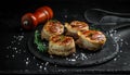 Grilled steak filet mignon wrapped bacon on dark concrete background. banner, menu recipe place for text, top view Royalty Free Stock Photo