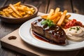 Bife grelhado com batata frita, maionese e molho Royalty Free Stock Photo