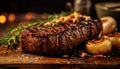 Grilled steak, fresh beef, cooked rare, ready to eat, juicy and delicious generated by AI Royalty Free Stock Photo