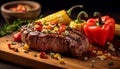 Grilled steak, fresh beef, vegetable, barbecue, cooked, spice, wood generated by AI Royalty Free Stock Photo