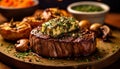 Grilled steak, fresh vegetables, rustic plate, ready to eat, appetizer generated by AI