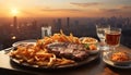 Grilled steak, fries, and beer on outdoor cityscape table generated by AI Royalty Free Stock Photo