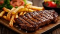 Grilled steak, fries, salad a gourmet barbecue meal Royalty Free Stock Photo