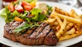 Grilled steak, fries, salad a gourmet barbecue meal Royalty Free Stock Photo