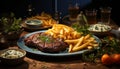 Grilled steak, fries, salad a gourmet barbecue meal generated by AI Royalty Free Stock Photo