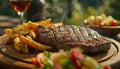 Grilled steak, fries, salad a gourmet barbecue meal Royalty Free Stock Photo