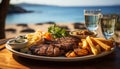 Grilled steak, fries, salad a gourmet outdoor picnic feast generated by AI Royalty Free Stock Photo